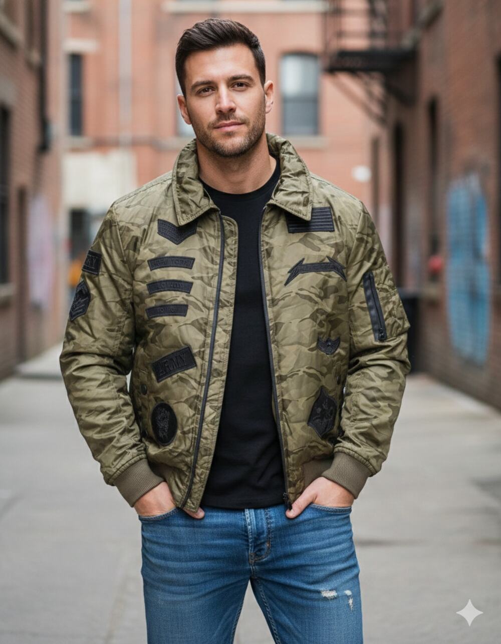 X-RAY Men's Camo Army Aviator Bomber Jacket w/Patches & Removable Collar Size L